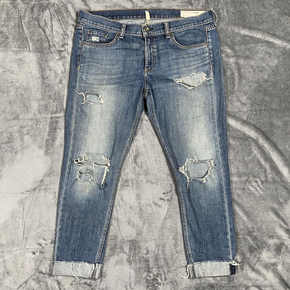 Rag & Bone Jeans Womens 30 Blue Medium Wash Cropped Distressed Cuffed Frayed Hem